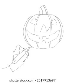 Uma linha contínua de Jack O' Lantern desenhado por com caneta de ponta de feltro. Conceito de vetor de ilustração de abóbora de Halloween de linha fina. Desenho de contorno Ideias criativas.