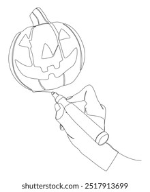 Uma linha contínua de Jack O' Lantern desenhado por com caneta de ponta de feltro. Conceito de vetor de ilustração de abóbora de Halloween de linha fina. Desenho de contorno Ideias criativas.