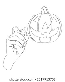 Uma linha contínua de Jack O' Lantern desenhado por com caneta de ponta de feltro. Conceito de vetor de ilustração de abóbora de Halloween de linha fina. Desenho de contorno Ideias criativas.