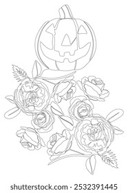 Uma linha contínua de Jack O' Lantern com flores de rosa. Conceito de vetor de Ilustração de Linha Fina. Desenho de contorno Ideias criativas.