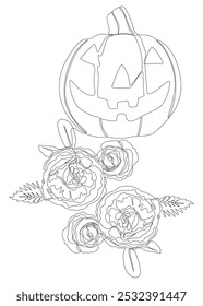 Uma linha contínua de Jack O' Lantern com flores de rosa. Conceito de vetor de Ilustração de Linha Fina. Desenho de contorno Ideias criativas.