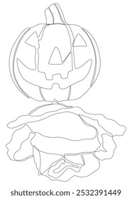 Uma linha contínua de Jack O' Lantern com flores de rosa. Conceito de vetor de Ilustração de Linha Fina. Desenho de contorno Ideias criativas.