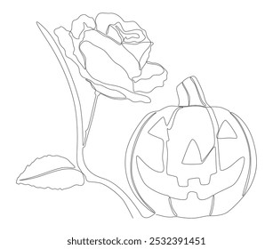 Uma linha contínua de Jack O' Lantern com flores de rosa. Conceito de vetor de Ilustração de Linha Fina. Desenho de contorno Ideias criativas.