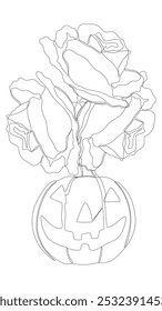 Uma linha contínua de Jack O' Lantern com flores de rosa. Conceito de vetor de Ilustração de Linha Fina. Desenho de contorno Ideias criativas.