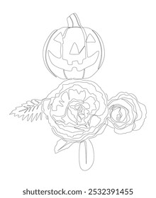 Uma linha contínua de Jack O' Lantern com flores de rosa. Conceito de vetor de Ilustração de Linha Fina. Desenho de contorno Ideias criativas.