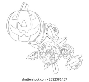 Uma linha contínua de Jack O' Lantern com flores de rosa. Conceito de vetor de Ilustração de Linha Fina. Desenho de contorno Ideias criativas.