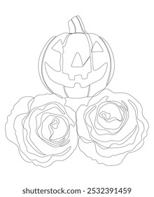 Uma linha contínua de Jack O' Lantern com flores de rosa. Conceito de vetor de Ilustração de Linha Fina. Desenho de contorno Ideias criativas.