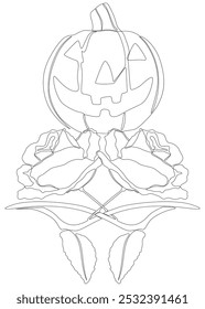 Uma linha contínua de Jack O' Lantern com flores de rosa. Conceito de vetor de Ilustração de Linha Fina. Desenho de contorno Ideias criativas.