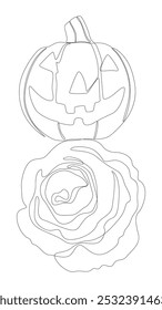 Uma linha contínua de Jack O' Lantern com flores de rosa. Conceito de vetor de Ilustração de Linha Fina. Desenho de contorno Ideias criativas.