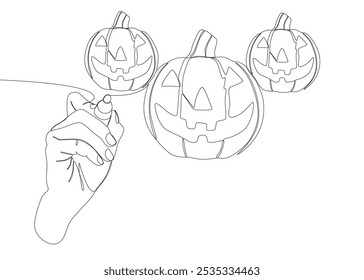 Una línea continua de Jack O' Lantern dibujada por con rotulador. Concepto de Vector de ilustración de calabaza de Halloween de línea delgada. Contour Dibujo Ideas creativas.