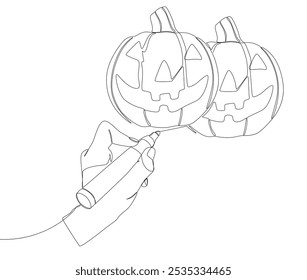 Una línea continua de Jack O' Lantern dibujada por con rotulador. Concepto de Vector de ilustración de calabaza de Halloween de línea delgada. Contour Dibujo Ideas creativas.