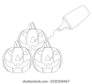 Una línea continua de Jack O' Lantern dibujada por con rotulador. Concepto de Vector de ilustración de calabaza de Halloween de línea delgada. Contour Dibujo Ideas creativas.