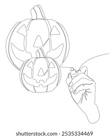 Una línea continua de Jack O' Lantern dibujada por con rotulador. Concepto de Vector de ilustración de calabaza de Halloween de línea delgada. Contour Dibujo Ideas creativas.