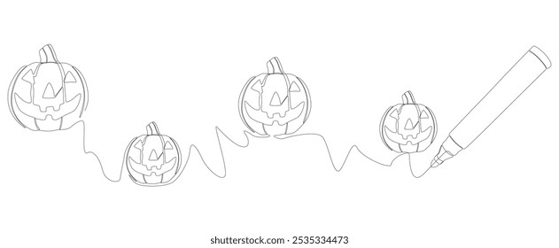 Una línea continua de Jack O' Lantern dibujada por con rotulador. Concepto de Vector de ilustración de calabaza de Halloween de línea delgada. Contour Dibujo Ideas creativas.