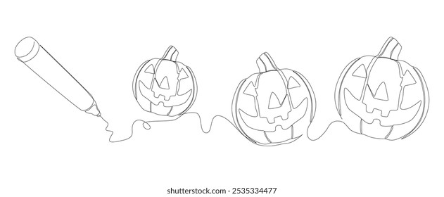 Una línea continua de Jack O' Lantern dibujada por con rotulador. Concepto de Vector de ilustración de calabaza de Halloween de línea delgada. Contour Dibujo Ideas creativas.