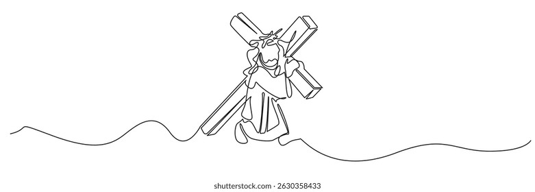 uma linha contínua jesus carregando a cruz.história de linha única da crucificação de jesus.line arte vetor ilustration.eps 10