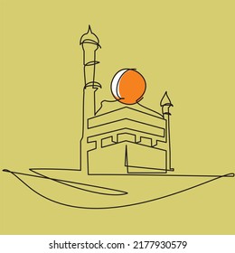 One continuous line of Kaaba, minaret and sun moon. Simple Kaaba logo editable. Suitable for travel logos, mecca travel logo, symbol of Ramadhan, Eid, Hajj and Umrah Mubarak tourism. Eps 10.