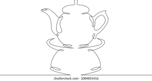 One continuous line. Kettle . Tableware . Teapot. Dishes .Pot . One continuous drawing line logo isolated minimal illustration.