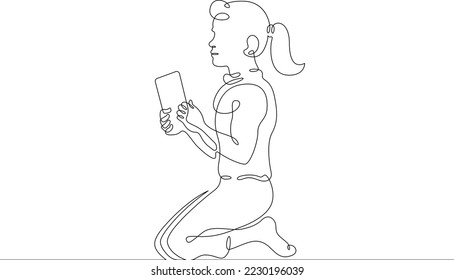 One continuous line. The kid is playing with the phone. The child is holding a smartphone. Baby. One continuous line on a white background.