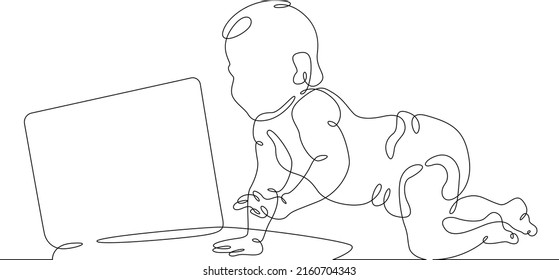 One continuous line.The kid is sitting at the laptop. A small child is crawling. Child at the computer. Baby with a laptop. One continuous line drawn isolated, white background.