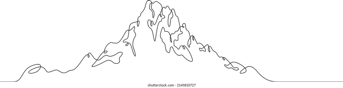One continuous line. Landscape of mountain range and high mountain. Web banner and design background. Mountain peak. Landscape for tourism and winter sports. One continuous line drawing. Line Art