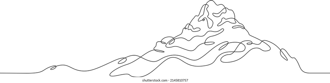 One continuous line. Landscape of mountain range and high mountain. Web banner and design background. Mountain peak. Landscape for tourism and winter sports. One continuous line drawing. Line Art