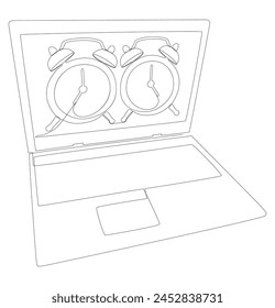 Una línea continua de portátiles con reloj despertador. Concepto de Vector de ilustración de línea delgada. Contour Drawing Ideas creativas.