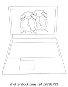 One continuous line of Laptop with Alarm Clock. Thin Line Illustration vector concept. Contour Drawing Creative ideas.
