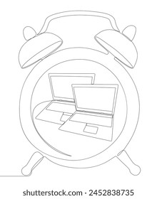 One continuous line of Laptop with Alarm Clock. Thin Line Illustration vector concept. Contour Drawing Creative ideas.