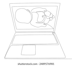 One continuous line of Laptop with Baby. Thin Line Illustration vector concept. Contour Drawing Creative ideas.