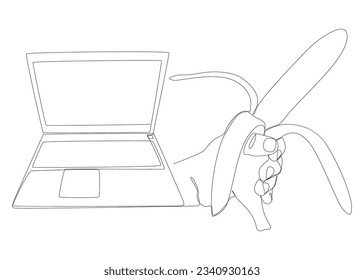 One continuous line of Laptop with Banana. Thin Line Illustration vector concept. Contour Drawing Creative ideas.