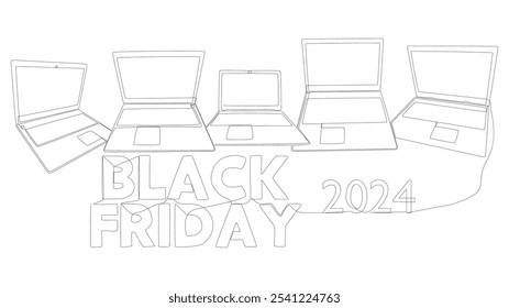 One continuous line of Laptop with Black Friday 2024 text. Thin Line Illustration vector concept. Contour Drawing Creative ideas.