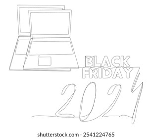Uma linha contínua de Laptop com texto de Black Friday 2024. Conceito de vetor de Ilustração de Linha Fina. Desenho de contorno Ideias criativas.