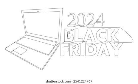Una línea continua de Laptop con texto de Black Friday 2024. Concepto de Vector de ilustración de línea delgada. Contour Dibujo Ideas creativas.
