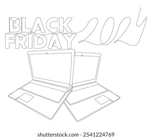 One continuous line of Laptop with Black Friday 2024 text. Thin Line Illustration vector concept. Contour Drawing Creative ideas.