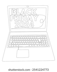 Uma linha contínua de Laptop com texto de Black Friday 2024. Conceito de vetor de Ilustração de Linha Fina. Desenho de contorno Ideias criativas.