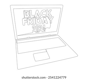 One continuous line of Laptop with Black Friday 2024 text. Thin Line Illustration vector concept. Contour Drawing Creative ideas.