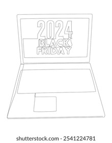 Uma linha contínua de Laptop com texto de Black Friday 2024. Conceito de vetor de Ilustração de Linha Fina. Desenho de contorno Ideias criativas.