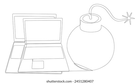 Una línea continua de portátiles con bomba. Concepto de Vector de ilustración de línea delgada. Contour Drawing Ideas creativas.