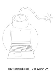 One continuous line of Laptop with Bomb. Thin Line Illustration vector concept. Contour Drawing Creative ideas.
