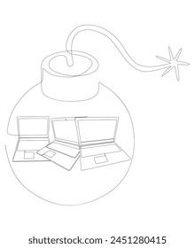 One continuous line of Laptop with Bomb. Thin Line Illustration vector concept. Contour Drawing Creative ideas.