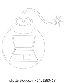 One continuous line of Laptop with Bomb. Thin Line Illustration vector concept. Contour Drawing Creative ideas.
