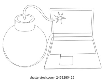 Una línea continua de portátiles con bomba. Concepto de Vector de ilustración de línea delgada. Contour Drawing Ideas creativas.