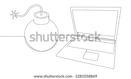 One continuous line of Laptop with Laptop with bombword. Thin Line Illustration vector concept. Contour Drawing Creative ideas.