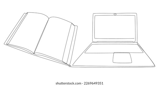 One continuous line of Laptop and book. Thin Line Illustration vector concept. Contour Drawing Creative ideas.