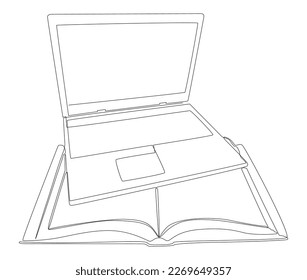 One continuous line of Laptop and book. Thin Line Illustration vector concept. Contour Drawing Creative ideas.