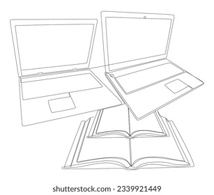 One continuous line of Laptop with books. Thin Line Electronic Education Illustration vector concept. Contour Drawing Creative ideas.