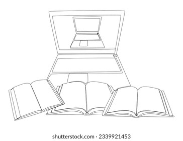 One continuous line of Laptop with books. Thin Line Electronic Education Illustration vector concept. Contour Drawing Creative ideas.