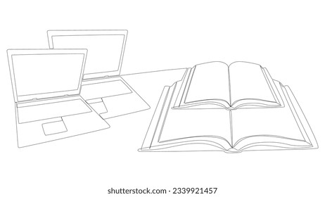 One continuous line of Laptop with books. Thin Line Electronic Education Illustration vector concept. Contour Drawing Creative ideas.