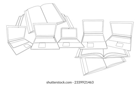 One continuous line of Laptop with books. Thin Line Electronic Education Illustration vector concept. Contour Drawing Creative ideas.